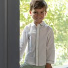 Henry Duvall Sullivan Shorts Set for toddler boys in sage herringbone, heirloom outfit with rounded collar shirt, classic English-inspired boys clothing