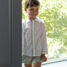 Henry Duvall Sullivan Shorts Set for toddler boys in sage herringbone, heirloom outfit with rounded collar shirt, classic English-inspired boys clothing