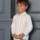 Henry Duvall Sullivan Shorts Set for toddler boys in sage herringbone, heirloom outfit with rounded collar shirt, classic English-inspired boys clothing