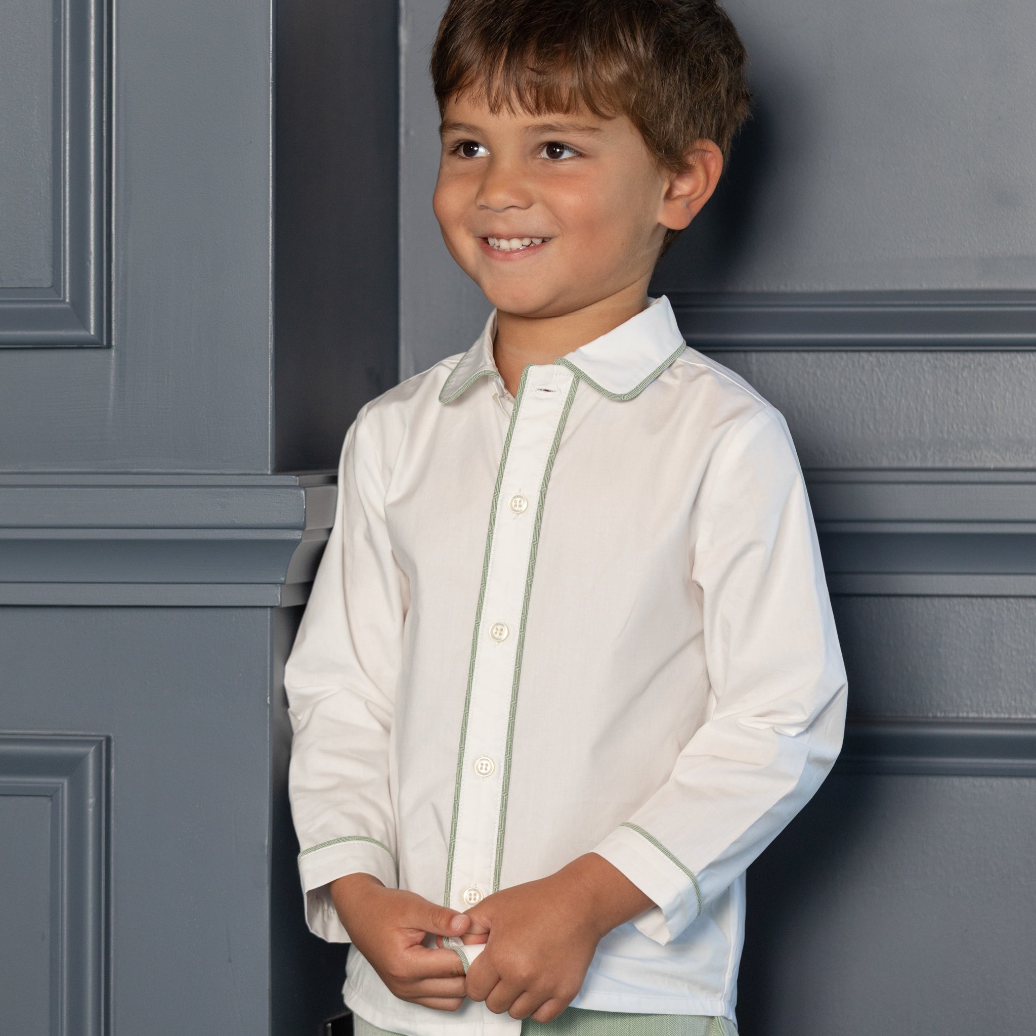 Henry Duvall Sullivan Shorts Set for toddler boys in sage herringbone, heirloom outfit with rounded collar shirt, classic English-inspired boys clothing
