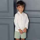 Henry Duvall Sullivan Shorts Set for toddler boys in sage herringbone, heirloom outfit with rounded collar shirt, classic English-inspired boys clothing