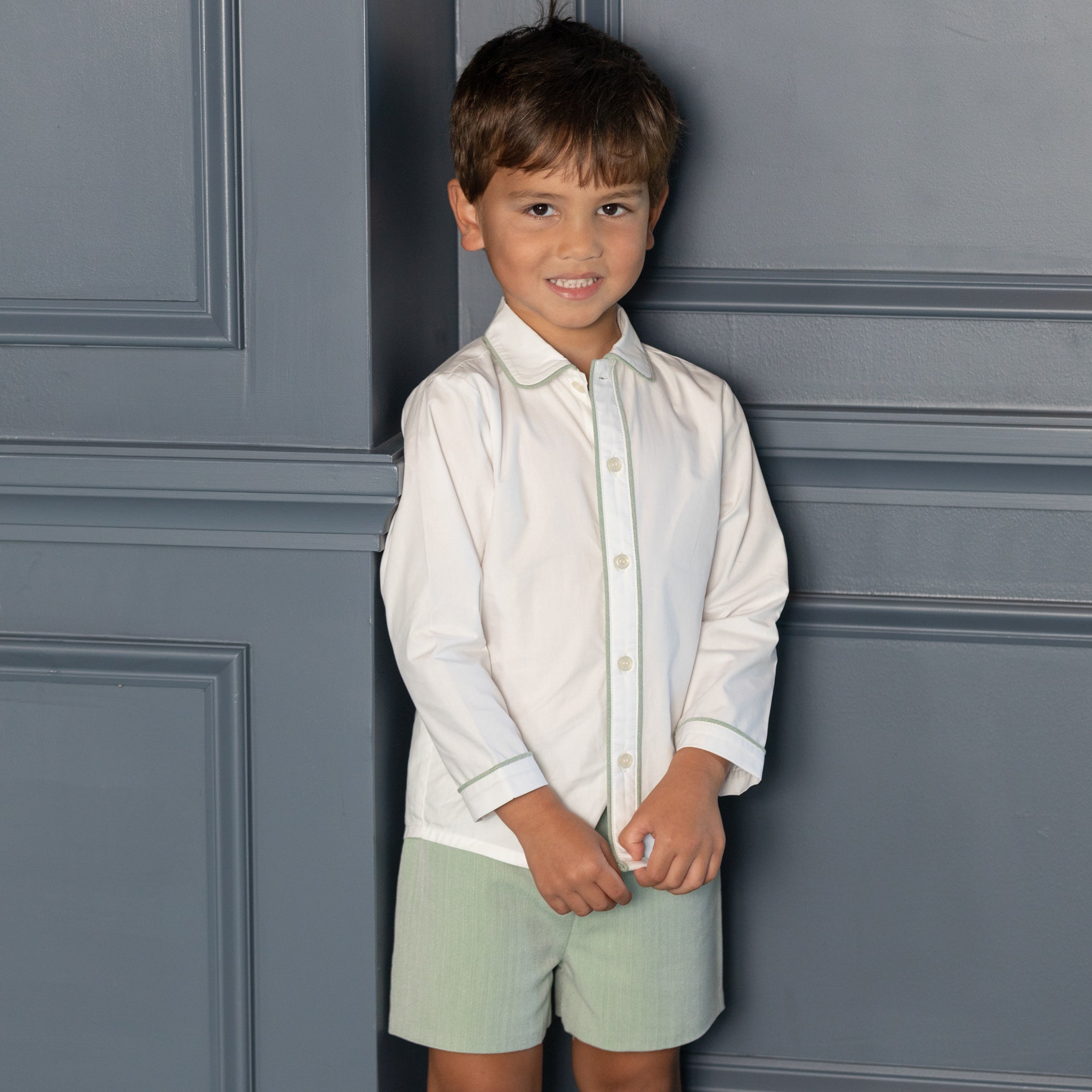 Henry Duvall Sullivan Shorts Set for toddler boys in sage herringbone, heirloom outfit with rounded collar shirt, classic English-inspired boys clothing