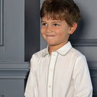 Henry Duvall Sullivan Shorts Set for toddler boys in sage herringbone, heirloom outfit with rounded collar shirt, classic English-inspired boys clothing