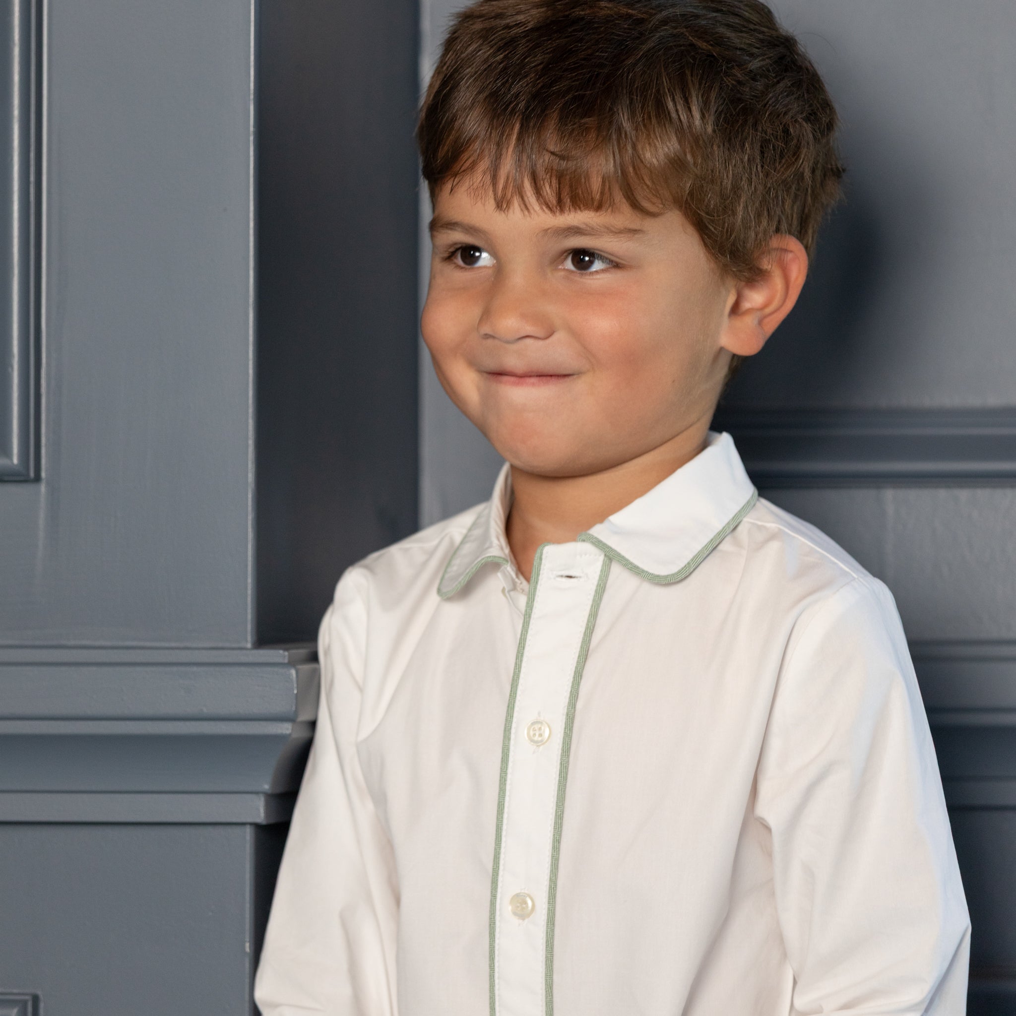 Henry Duvall Sullivan Shorts Set for toddler boys in sage herringbone, heirloom outfit with rounded collar shirt, classic English-inspired boys clothing