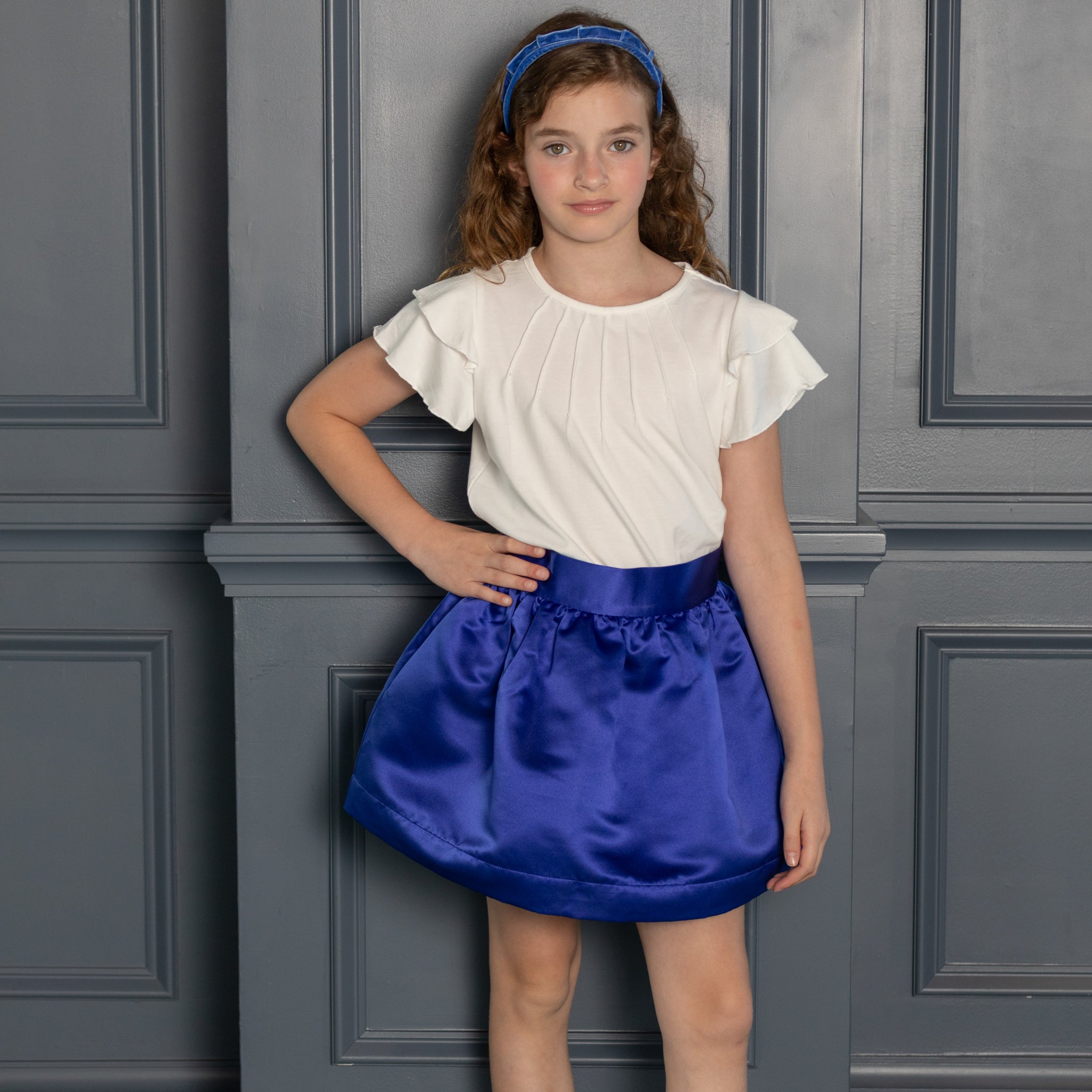Henry Duvall Sutton Skirt in Boylston Blue, classic fall skirt for older girls designed for subtle sibling coordination with Prescott Plaid and Prescott Petals