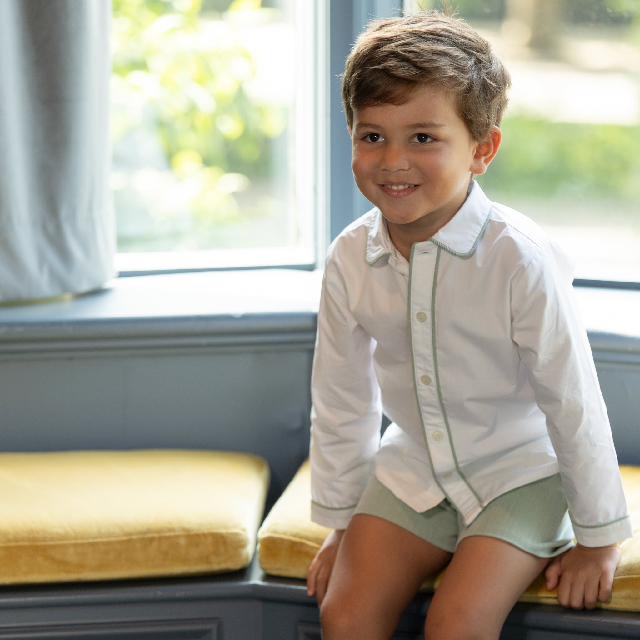 Henry Duvall Sullivan Shorts Set for toddler boys in sage herringbone, heirloom outfit with rounded collar shirt, classic English-inspired boys clothing