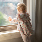 Henry Duvall Nora Bubble in Beacon Hill Blooms with Parker Pink Herringbone trim, classic fall baby girl outfit with ruffle details, traditional heirloom bubble for portraits and holidays