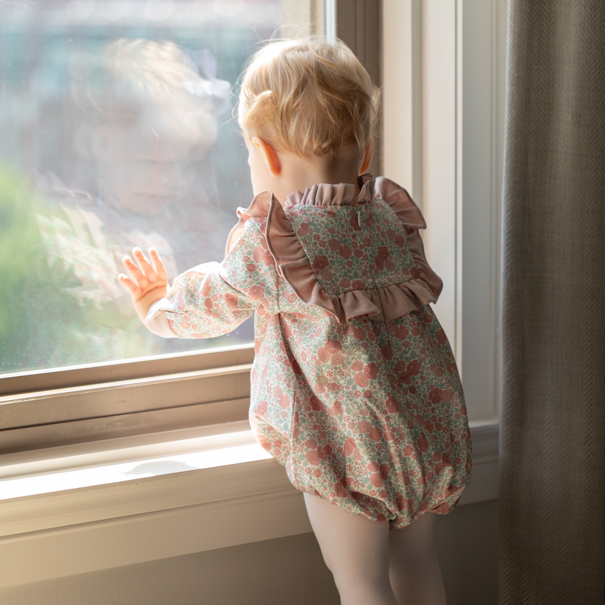 Henry Duvall Nora Bubble in Beacon Hill Blooms with Parker Pink Herringbone trim, classic fall baby girl outfit with ruffle details, traditional heirloom bubble for portraits and holidays