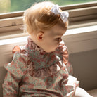Henry Duvall Nora Bubble in Beacon Hill Blooms with Parker Pink Herringbone trim, classic fall baby girl outfit with ruffle details, traditional heirloom bubble for portraits and holidays
