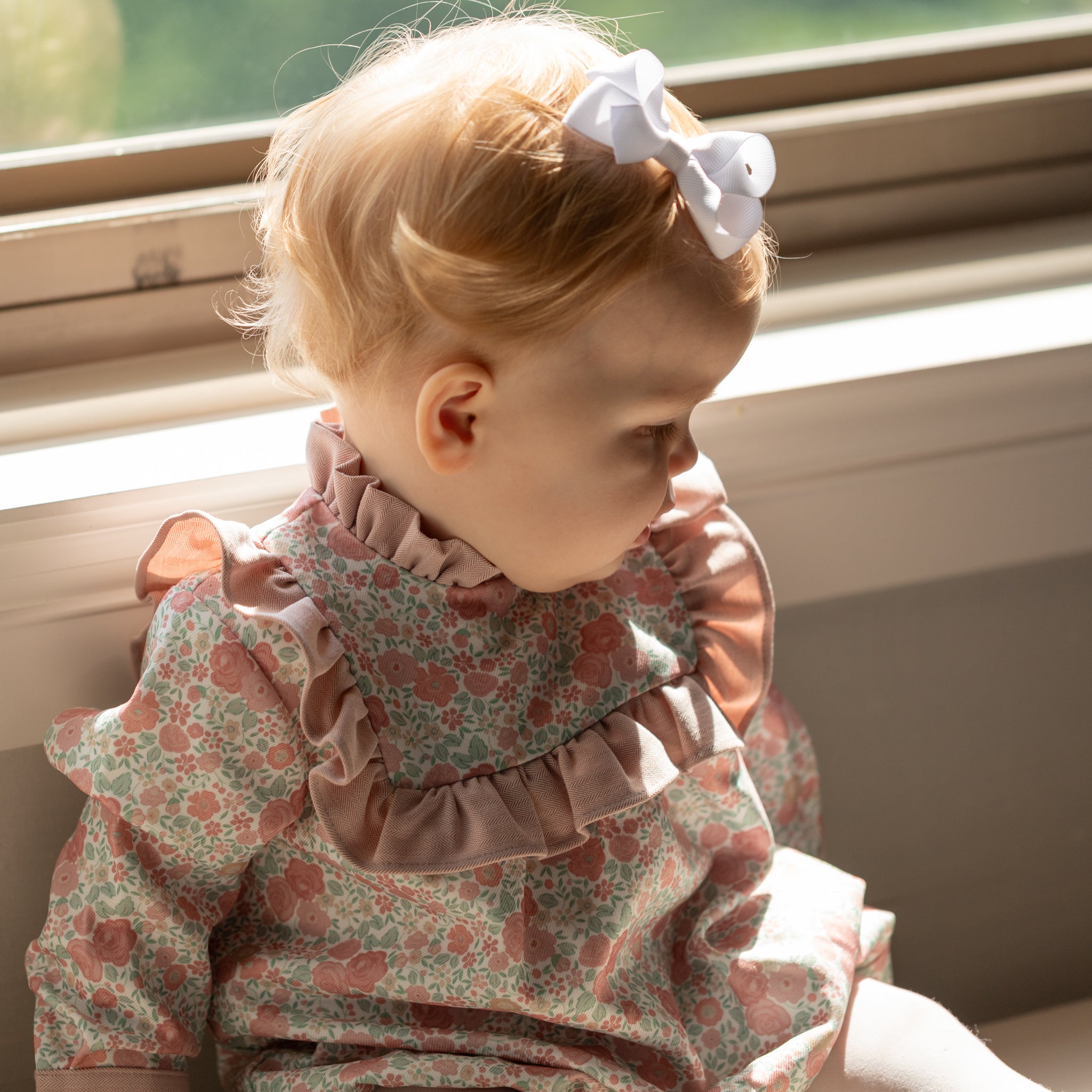 Henry Duvall Nora Bubble in Beacon Hill Blooms with Parker Pink Herringbone trim, classic fall baby girl outfit with ruffle details, traditional heirloom bubble for portraits and holidays