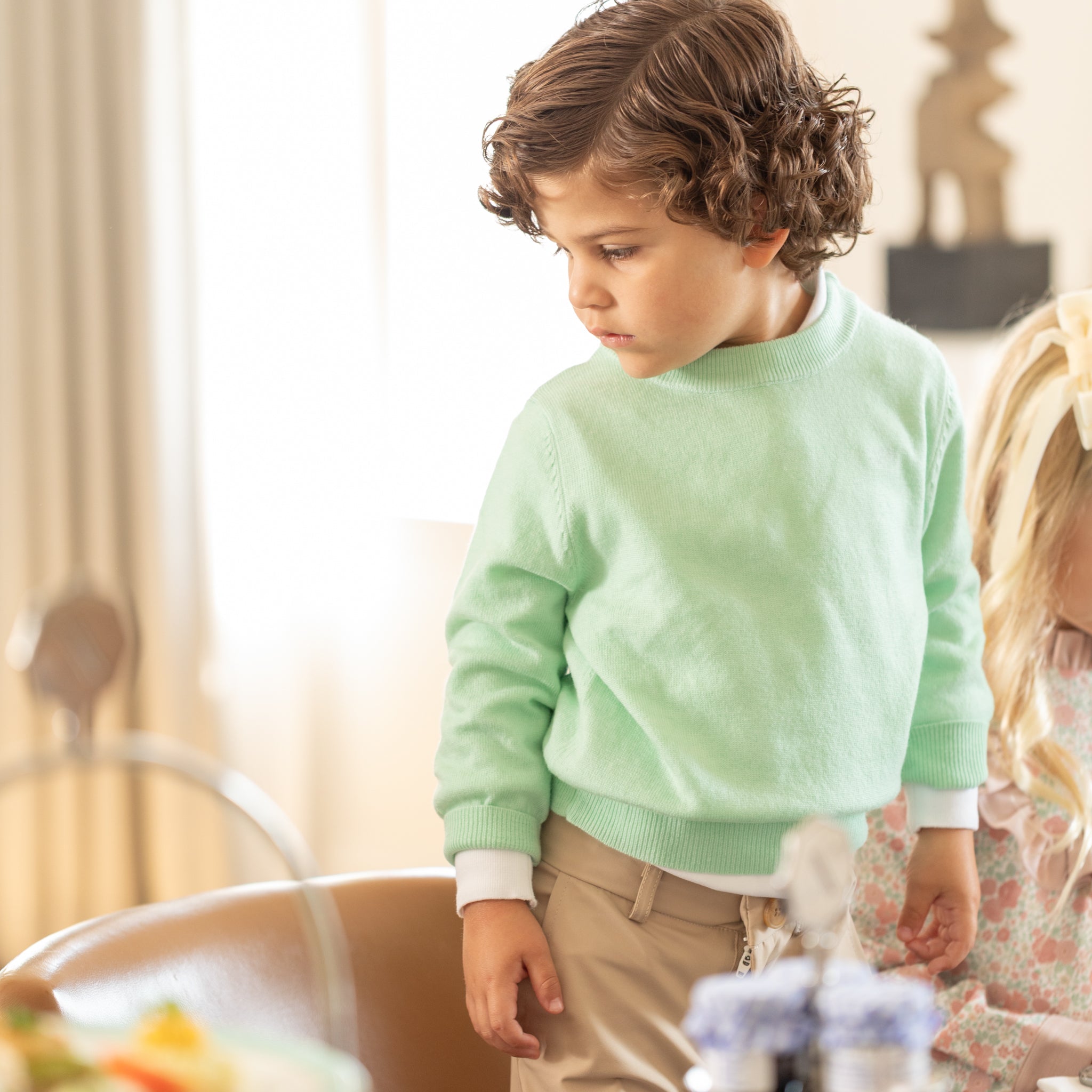 Boys mint green crewneck sweater by Henry Duvall, classic knit fall layer that coordinates with Beacon Hill Blooms for family and sibling outfits