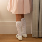 White Scalloped Diamond Knee Socks for girls and toddlers, classic knit knee-high socks to coordinate with Henry Duvall’s Fall Collection