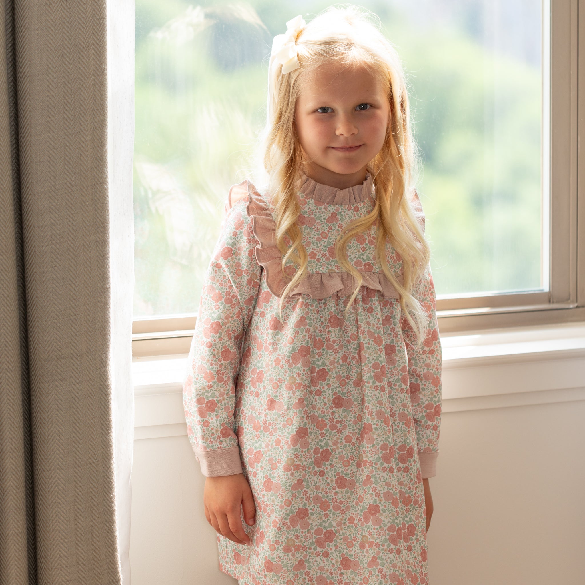 Henry Duvall Nora Dress in Beacon Hill Blooms with Parker Pink Herringbone ruffle trim, classic long sleeve holiday dress for girls, heirloom fall outfit for portraits and special occasions.