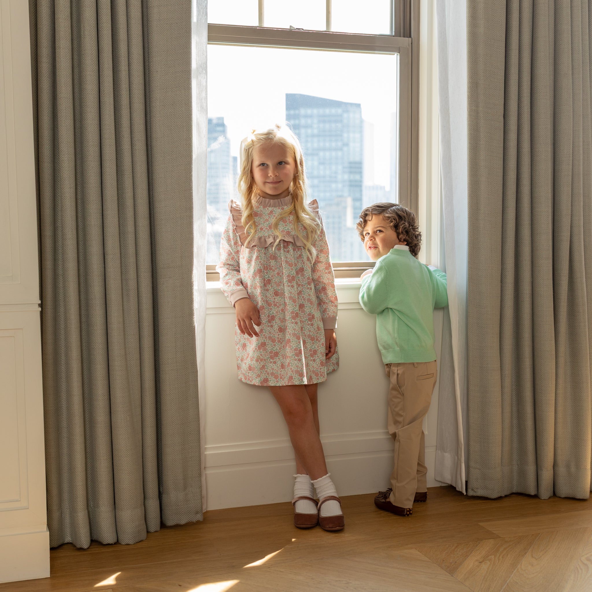 Henry Duvall Nora Dress in Beacon Hill Blooms with Parker Pink Herringbone ruffle trim, classic long sleeve holiday dress for girls, heirloom fall outfit for portraits and special occasions.
