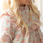 Henry Duvall Nora Dress in Beacon Hill Blooms with Parker Pink Herringbone ruffle trim, classic long sleeve holiday dress for girls, heirloom fall outfit for portraits and special occasions.