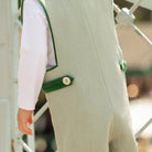 Henry Duvall classic baby boy jon jon in soft sage green herringbone, heirloom toddler outfit with shoulder buttons and stride snaps, inspired by English heritage style