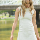 Henry Duvall Laine Dress in ivory tweed with gold metallic thread and HD gold buttons, classic A-line women’s fall dress designed for coordinating family looks