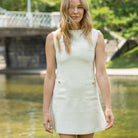Henry Duvall Laine Dress in ivory tweed with gold metallic thread and HD gold buttons, classic A-line women’s fall dress designed for coordinating family looks