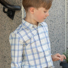 Henry Duvall Bennett Button Down in Prescott Plaid, classic boys fall dress shirt in crisp ivory and blue check, perfect for pairing with velvet trousers and coordinating sibling styles