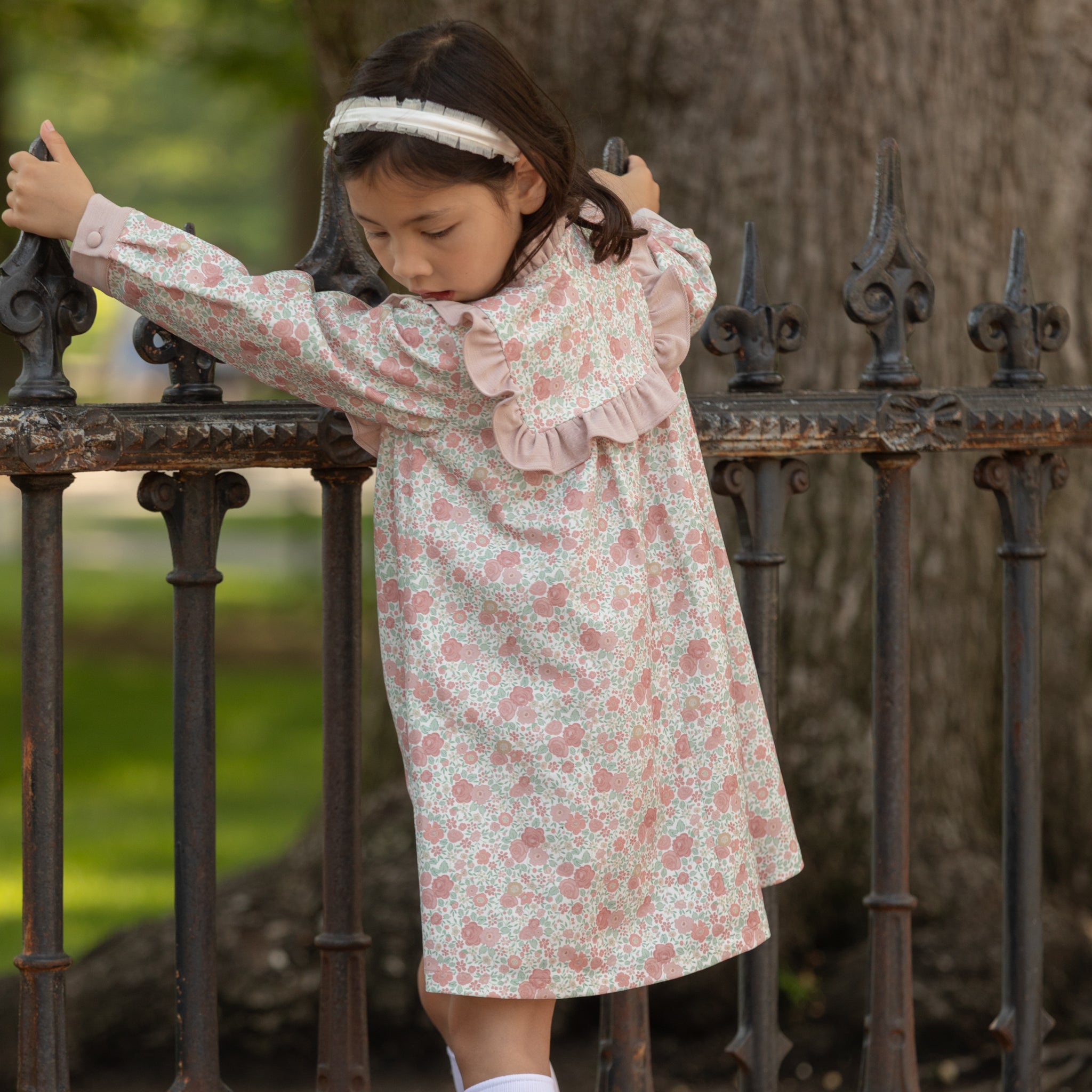 Henry Duvall Nora Dress in Beacon Hill Blooms with Parker Pink Herringbone ruffle trim, classic long sleeve holiday dress for girls, heirloom fall outfit for portraits and special occasions.
