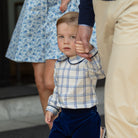 Henry Duvall Long Sleeve Henry Peter Pan Shirt in Prescott Plaid, classic boys fall shirt with Peter Pan collar and button-back, perfect for layering and coordinating sibling outfits