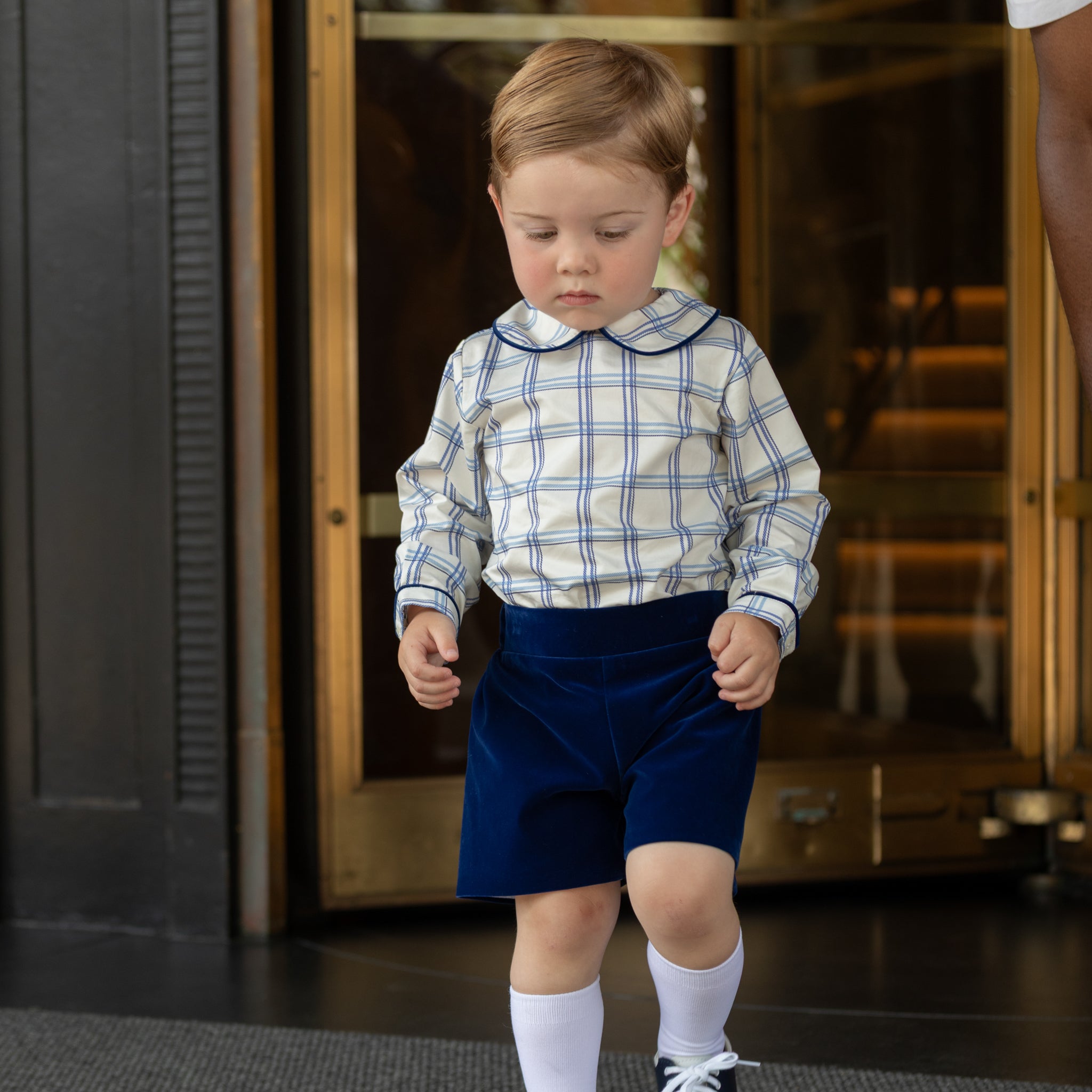 Henry Duvall Robert Shorts in Back Bay Blue Velvet, classic toddler boys fall dress shorts with flat front and elastic back, perfect for pairing with plaid shirts and sibling looks
