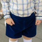 Henry Duvall Robert Shorts in Back Bay Blue Velvet, classic toddler boys fall dress shorts with flat front and elastic back, perfect for pairing with plaid shirts and sibling looks