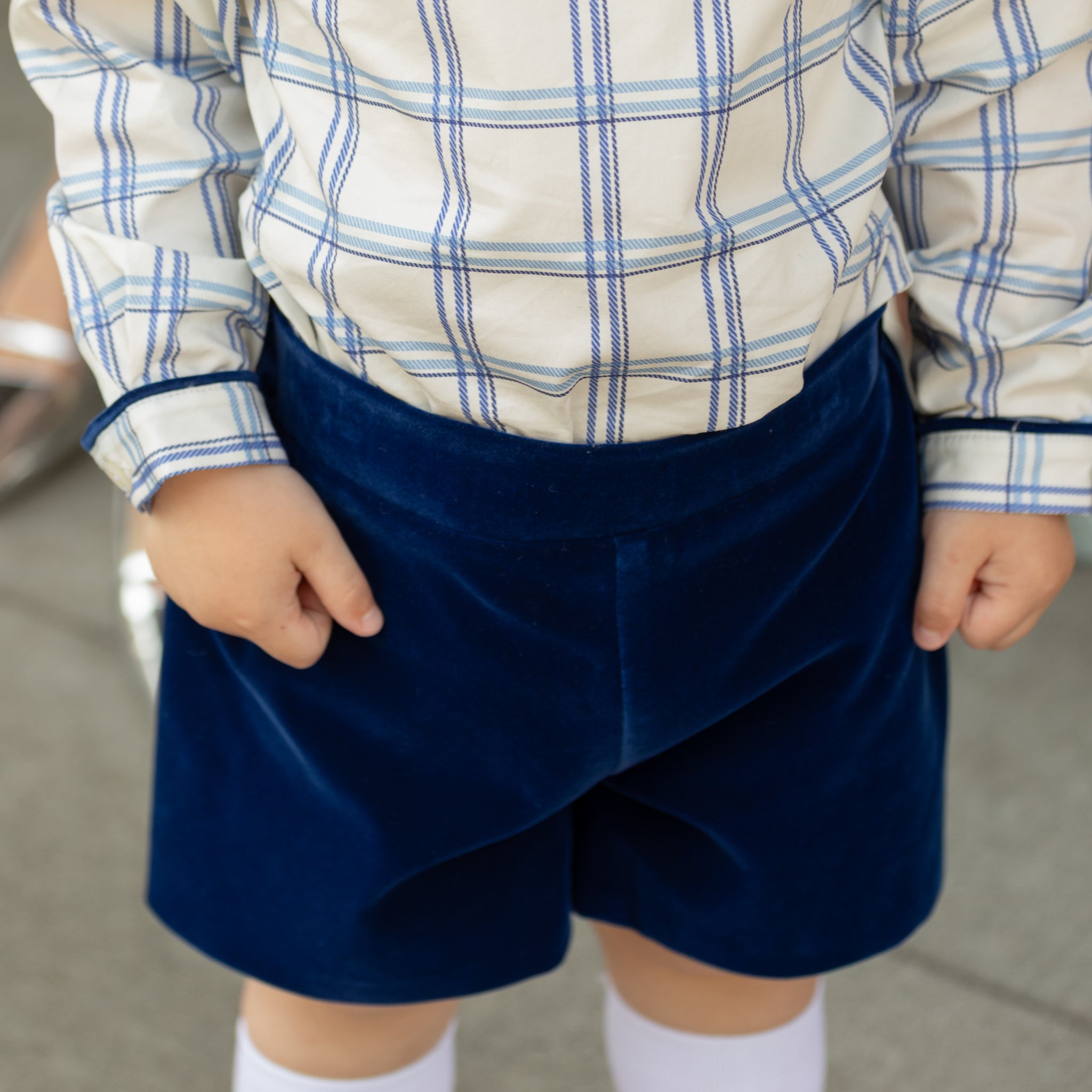 Henry Duvall Robert Shorts in Back Bay Blue Velvet, classic toddler boys fall dress shorts with flat front and elastic back, perfect for pairing with plaid shirts and sibling looks