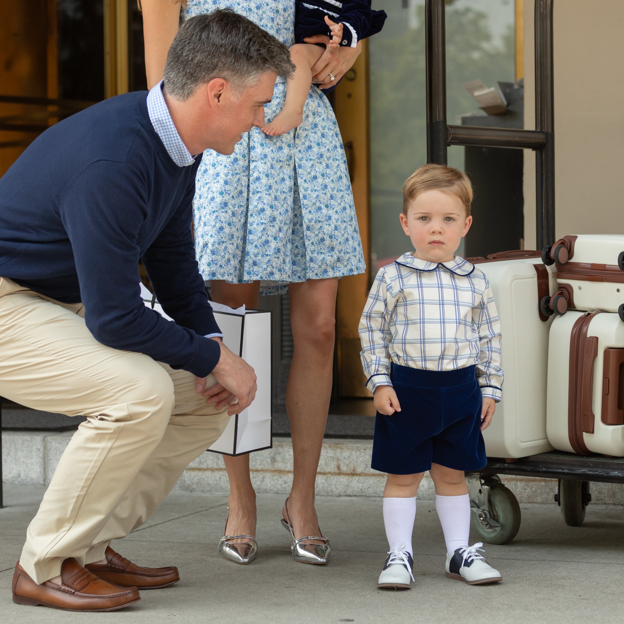 Henry Duvall Robert Shorts in Back Bay Blue Velvet, classic toddler boys fall dress shorts with flat front and elastic back, perfect for pairing with plaid shirts and sibling looks