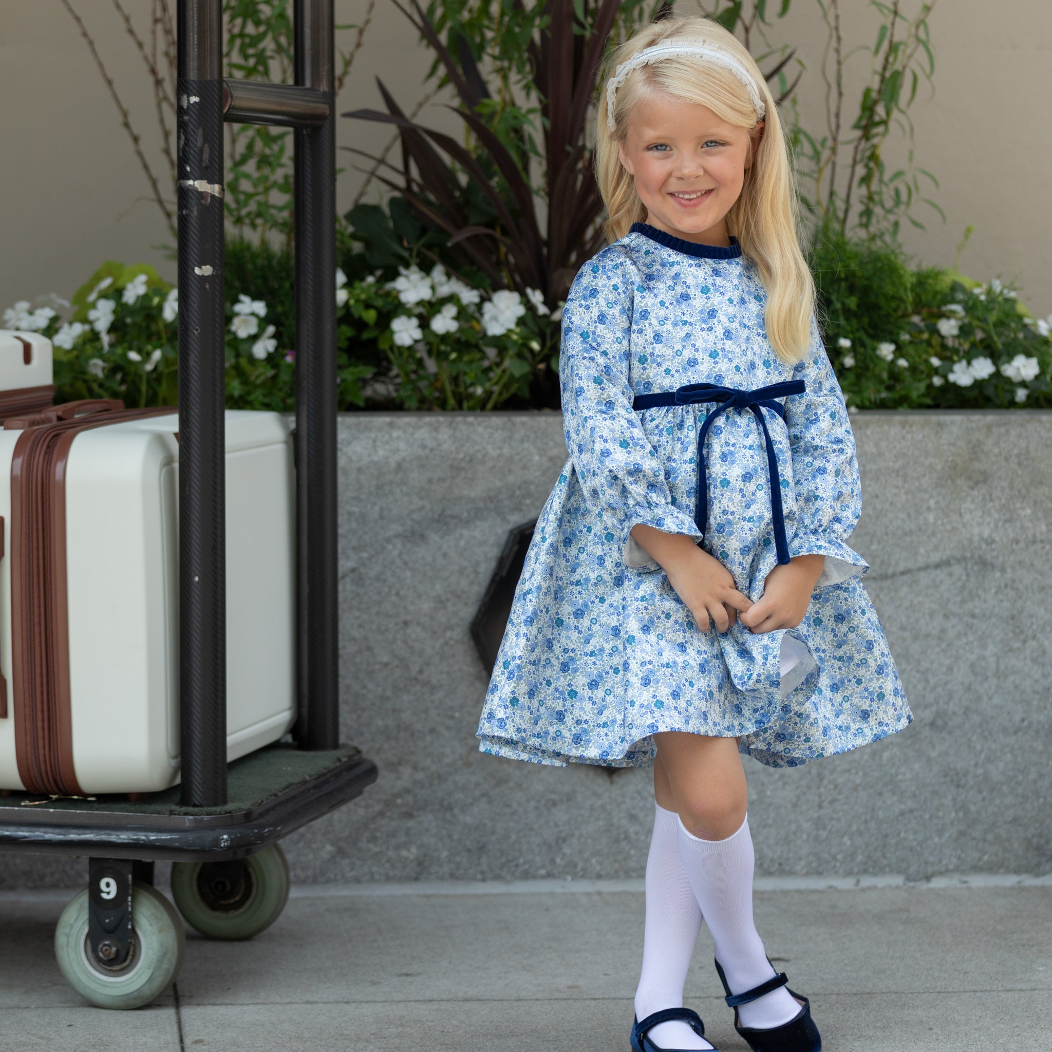 Henry Duvall Hazel Dress in Prescott Petals floral with Back Bay Blue Velvet bow, vintage length fall dress for girls, perfect for sibling sets and mother-daughter matching