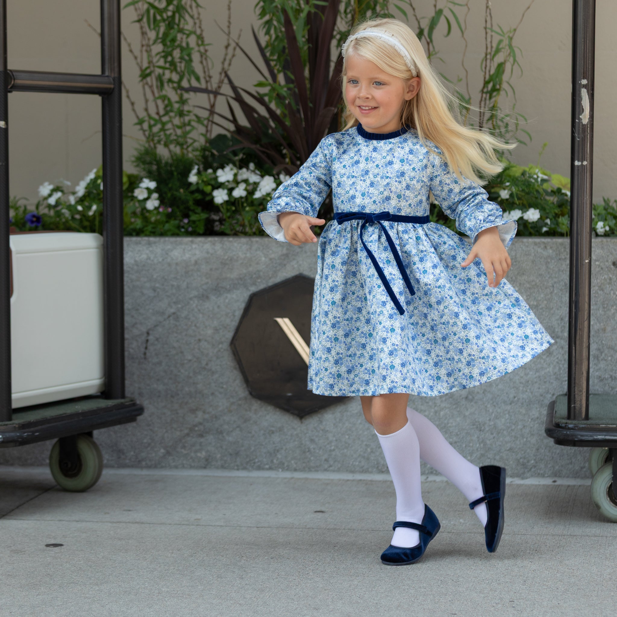 Navy velvet mary jane shoes for girls by Childrenchic with velcro strap and cushioned insole, perfect for fall family photos and dressing up Henry Duvall outfits.