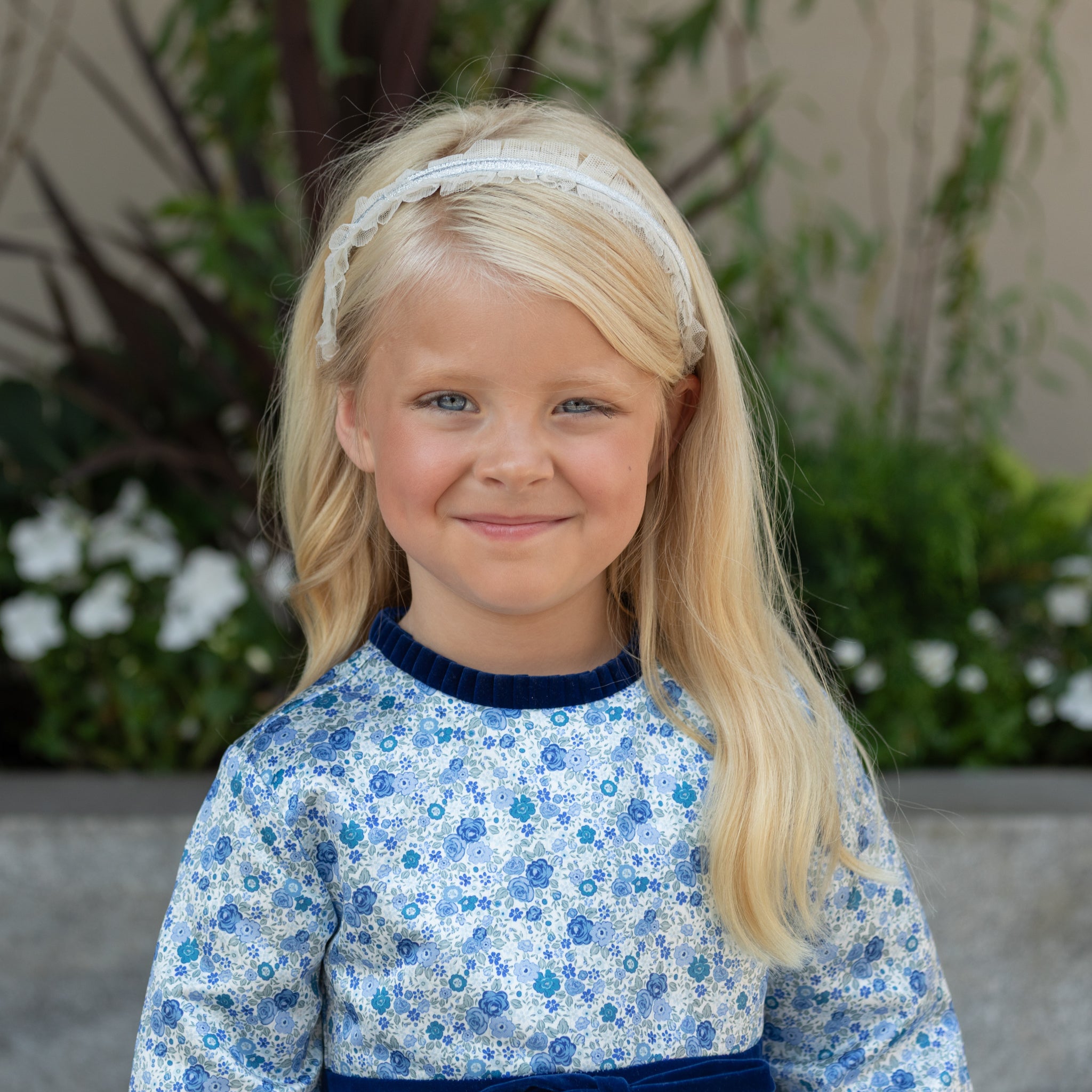 Henry Duvall Hazel Dress in Prescott Petals floral with Back Bay Blue Velvet bow, vintage length fall dress for girls, perfect for sibling sets and mother-daughter matching