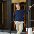 Men’s classic navy crewneck sweater by Henry Duvall, soft anti-pilling knit for fall layering, coordinates with children's styles for timeless father-son looks