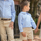 Henry Duvall Robert Shorts in King’s Way Khaki Corduroy, classic fall toddler boys dress shorts with flat front and elastic back, perfect for pairing with gingham shirts and sibling sets