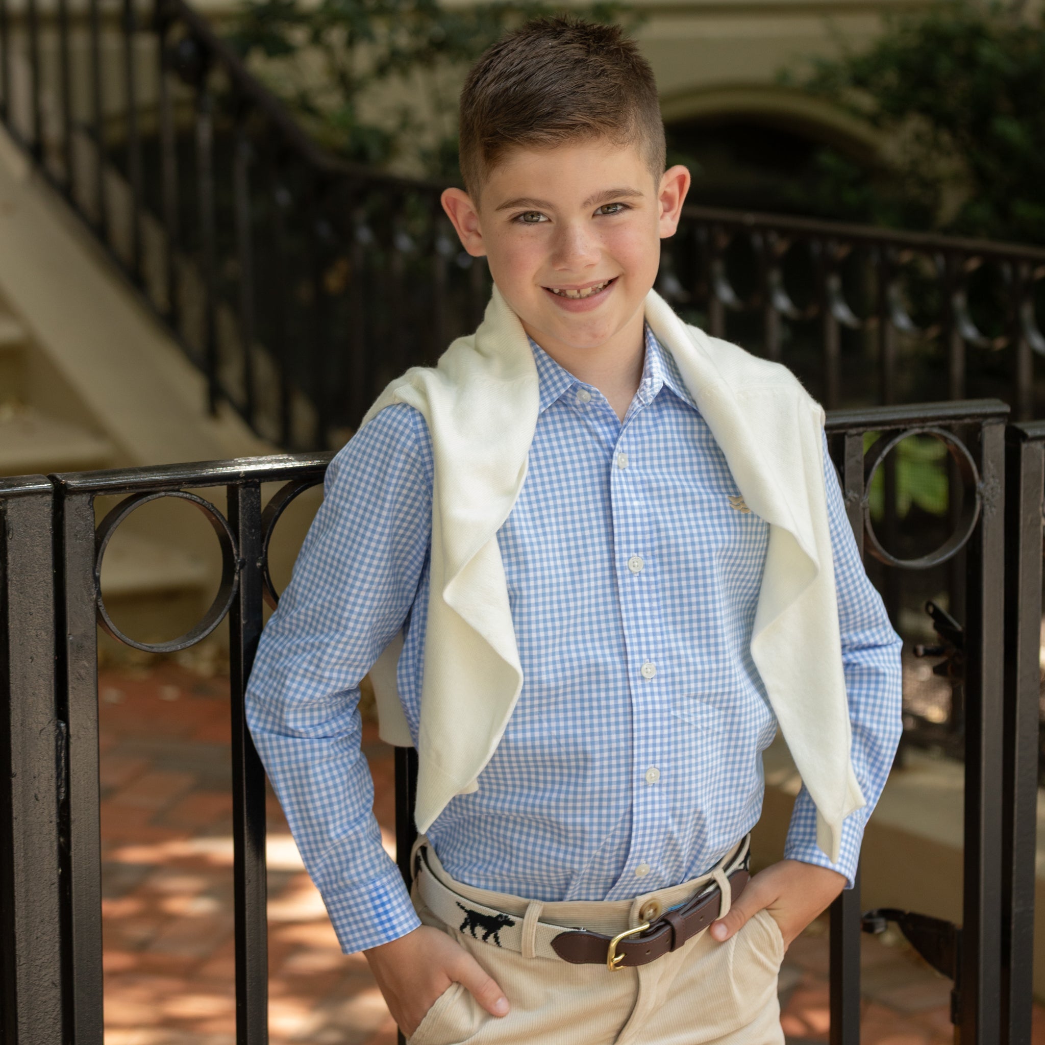 Henry Duvall Bennett Button Down in Charles Street Check blue gingham, classic boys fall dress shirt perfect for pairing with khaki corduroy trousers and coordinating sibling sets