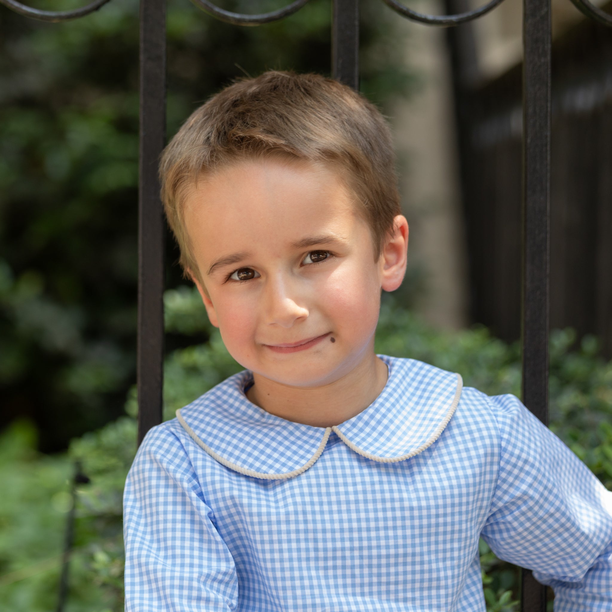Henry Duvall Henry Peter Pan Shirt in classic blue Charles Street Check gingham, timeless fall toddler boys top perfect for layering with corduroy overalls or coordinating sibling looks.