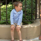 Henry Duvall Henry Peter Pan Shirt in classic blue Charles Street Check gingham, timeless fall toddler boys top perfect for layering with corduroy overalls or coordinating sibling looks.