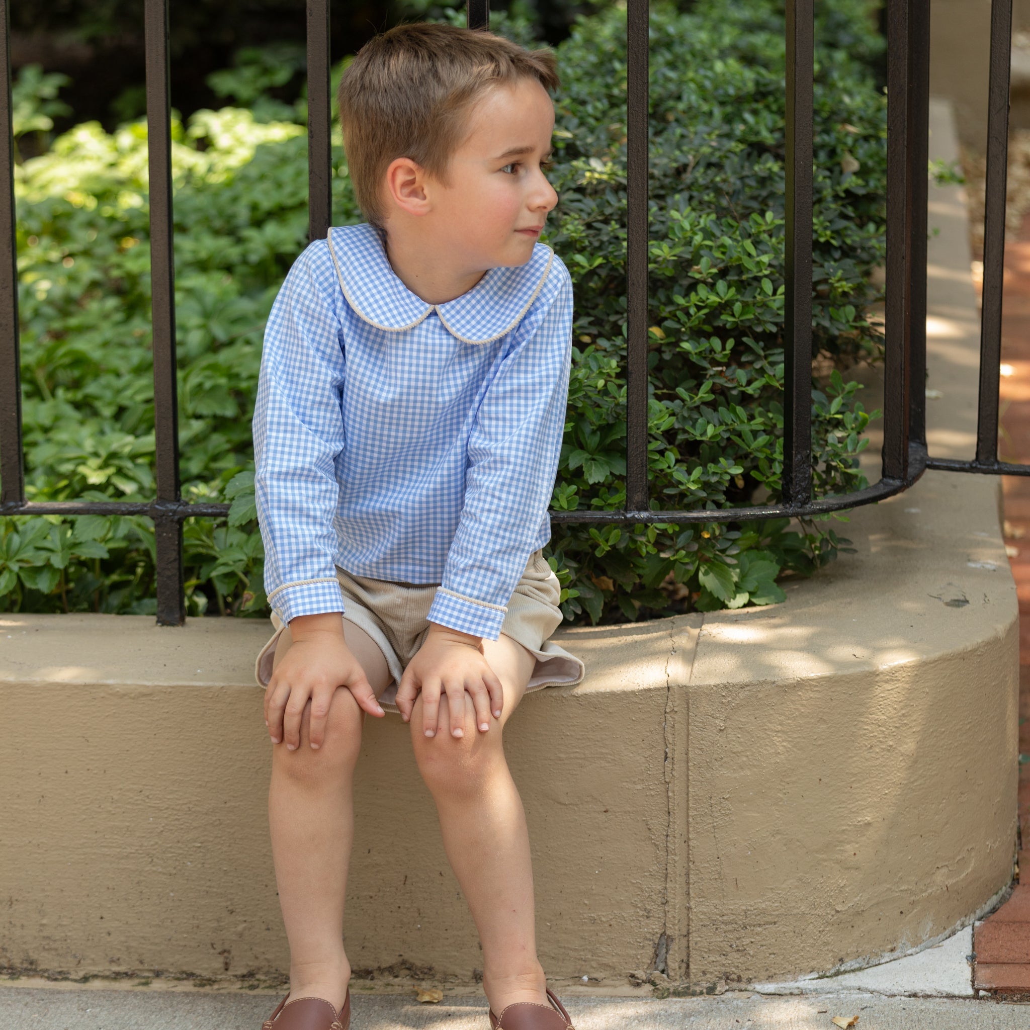 Henry Duvall Henry Peter Pan Shirt in classic blue Charles Street Check gingham, timeless fall toddler boys top perfect for layering with corduroy overalls or coordinating sibling looks.