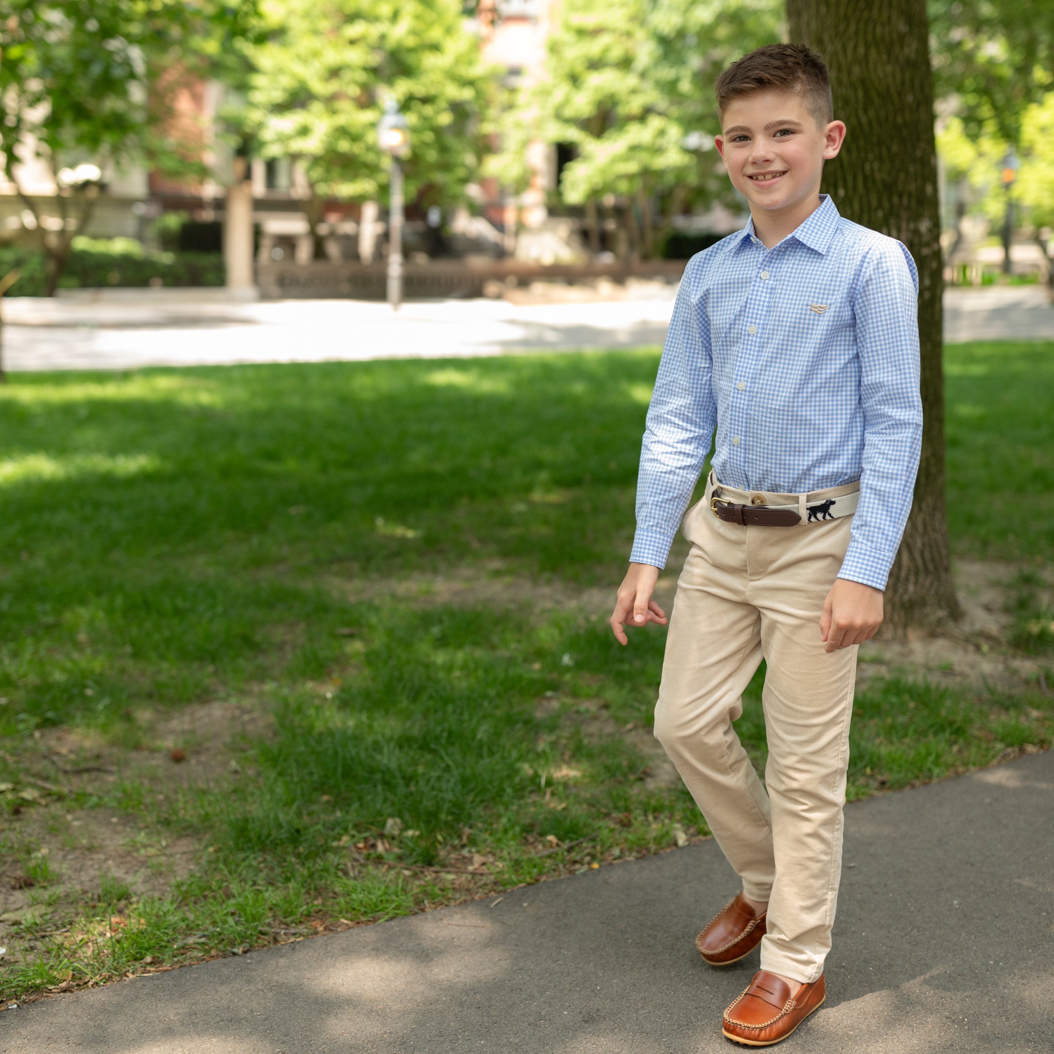 Henry Duvall Bradford Trousers in King’s Way Khaki Corduroy, classic boys fall and winter pants with adjustable elastic inside, perfect for dressing up or coordinating with family looks