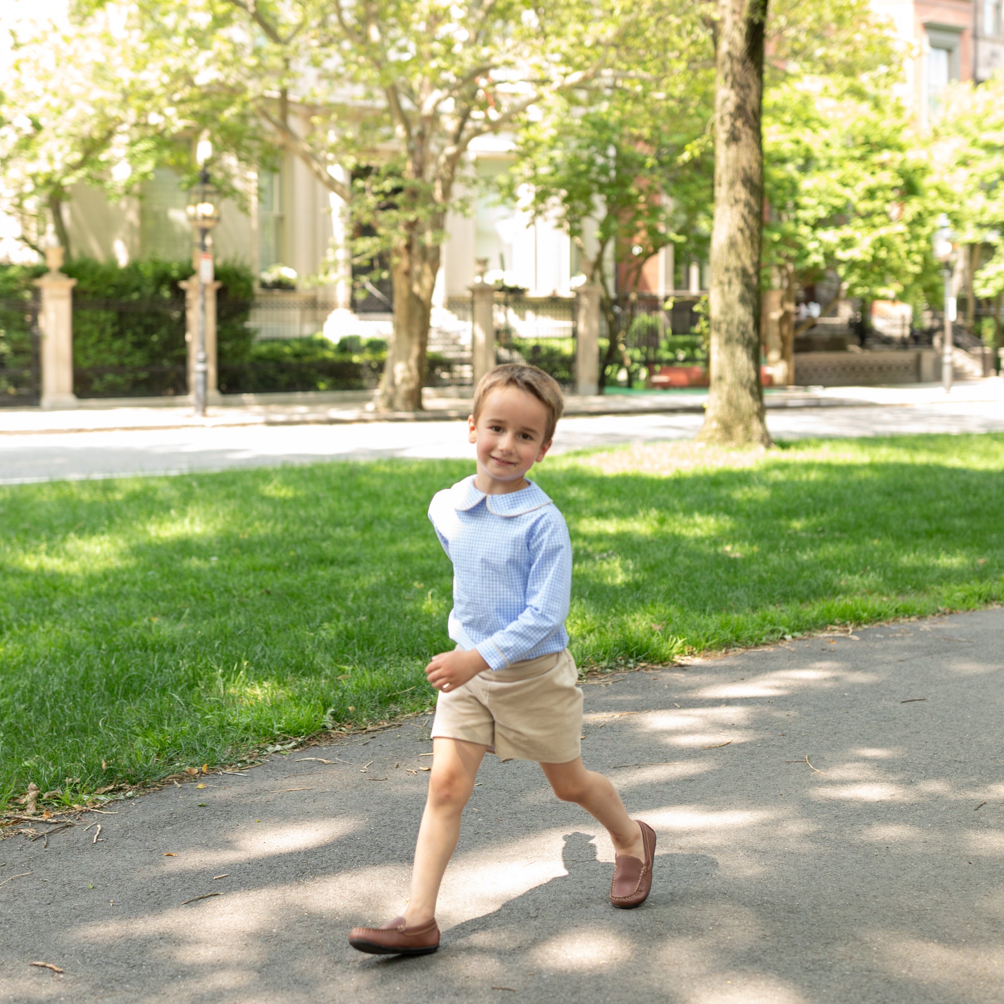 Henry Duvall Robert Shorts in King’s Way Khaki Corduroy, classic fall toddler boys dress shorts with flat front and elastic back, perfect for pairing with gingham shirts and sibling sets