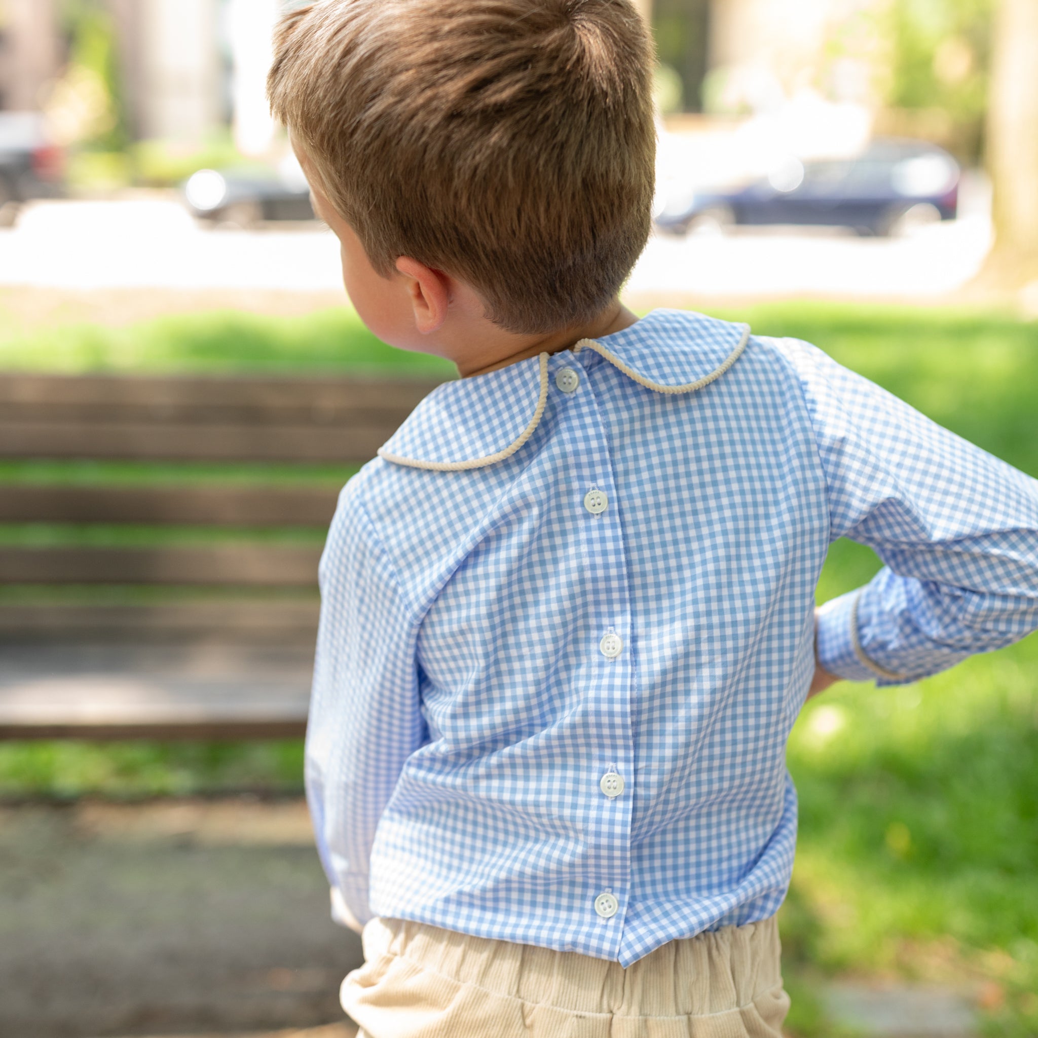 Henry Duvall Henry Peter Pan Shirt in classic blue Charles Street Check gingham, timeless fall toddler boys top perfect for layering with corduroy overalls or coordinating sibling looks.