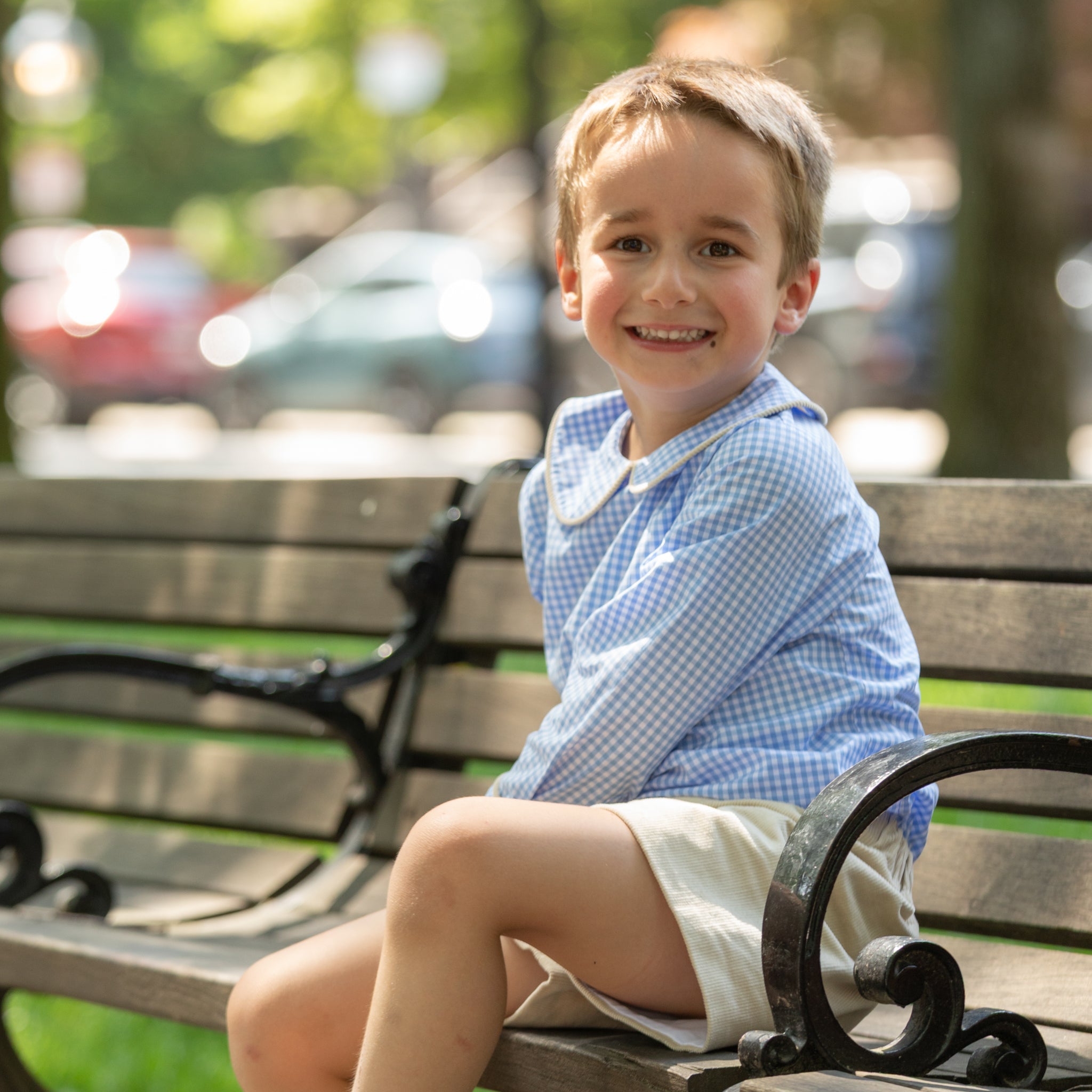 Henry Duvall Robert Shorts in King’s Way Khaki Corduroy, classic fall toddler boys dress shorts with flat front and elastic back, perfect for pairing with gingham shirts and sibling sets