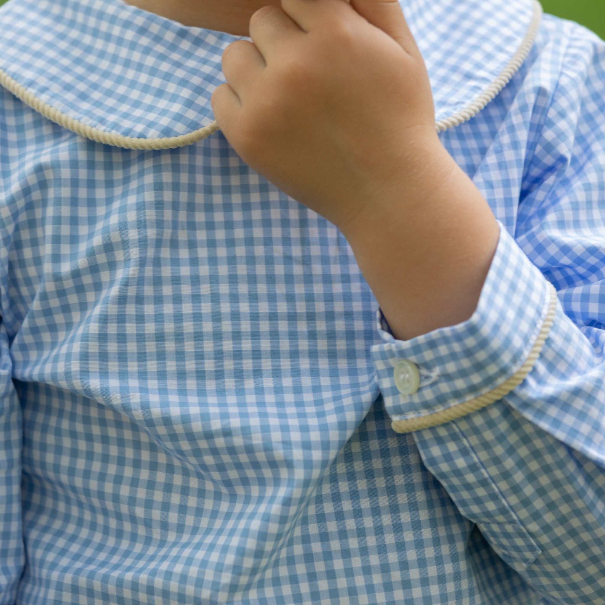 Henry Duvall Henry Peter Pan Shirt in classic blue Charles Street Check gingham, timeless fall toddler boys top perfect for layering with corduroy overalls or coordinating sibling looks.