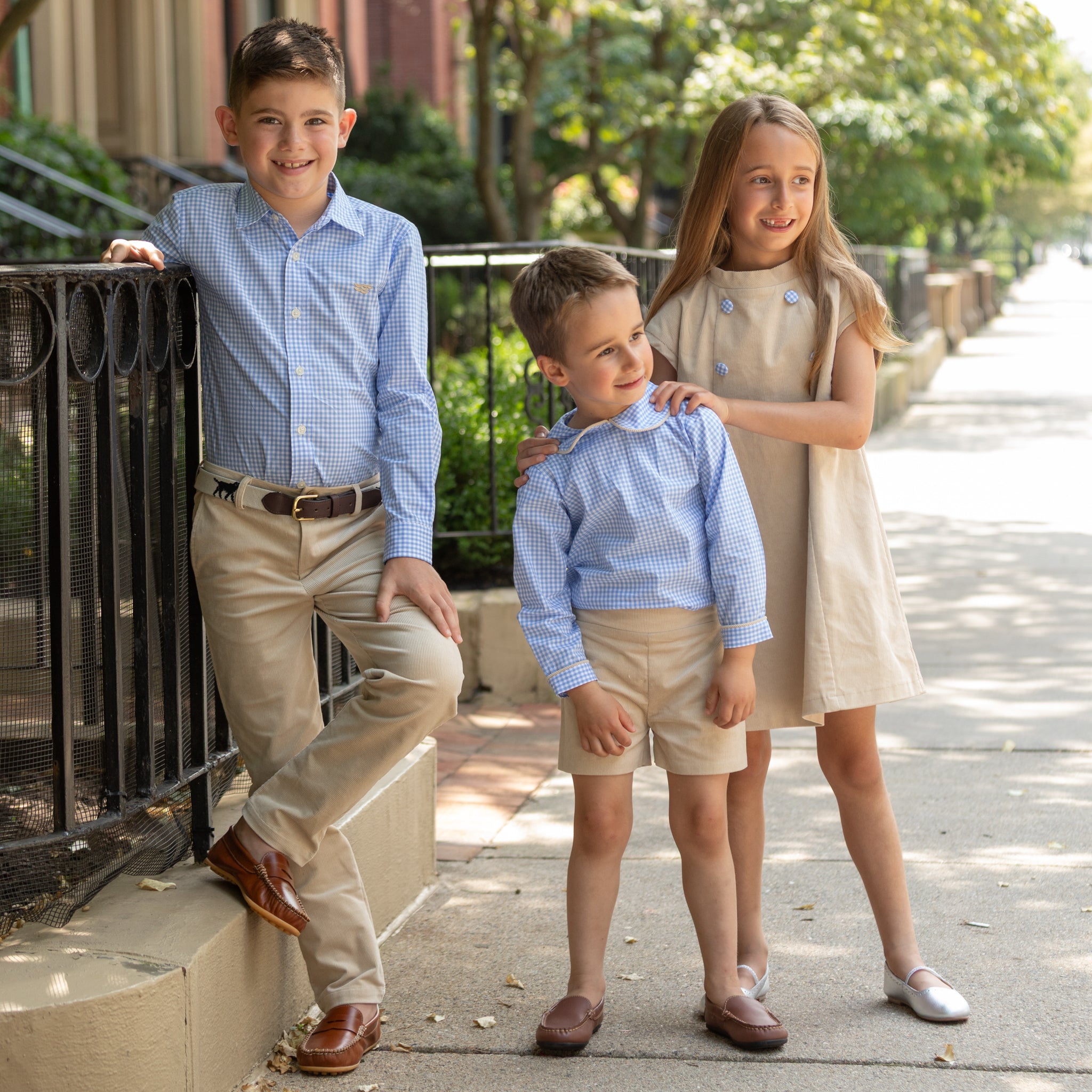 Henry Duvall Robert Shorts in King’s Way Khaki Corduroy, classic fall toddler boys dress shorts with flat front and elastic back, perfect for pairing with gingham shirts and sibling sets