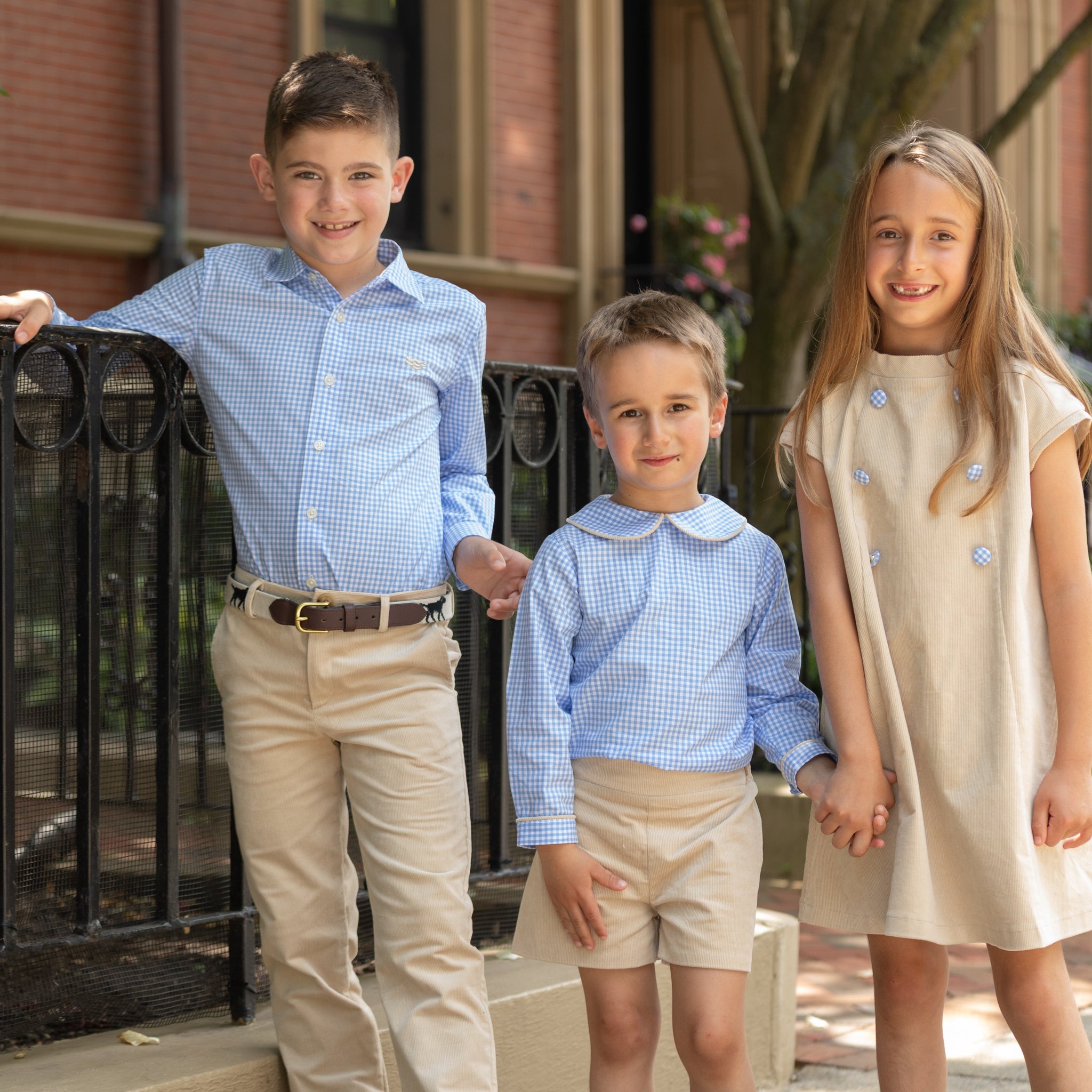 Henry Duvall Robert Shorts in King’s Way Khaki Corduroy, classic fall toddler boys dress shorts with flat front and elastic back, perfect for pairing with gingham shirts and sibling sets
