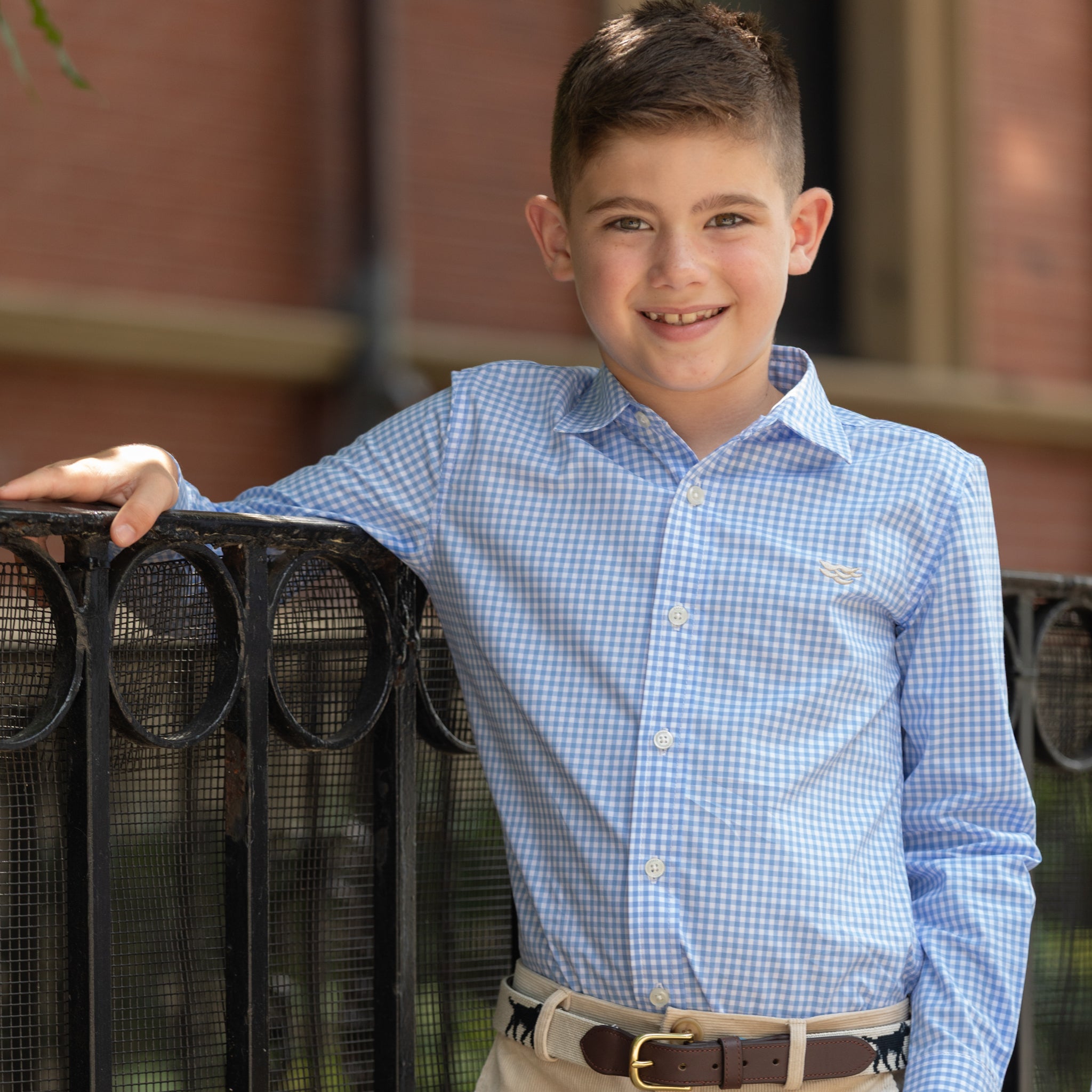 Henry Duvall Bennett Button Down in Charles Street Check blue gingham, classic boys fall dress shirt perfect for pairing with khaki corduroy trousers and coordinating sibling sets