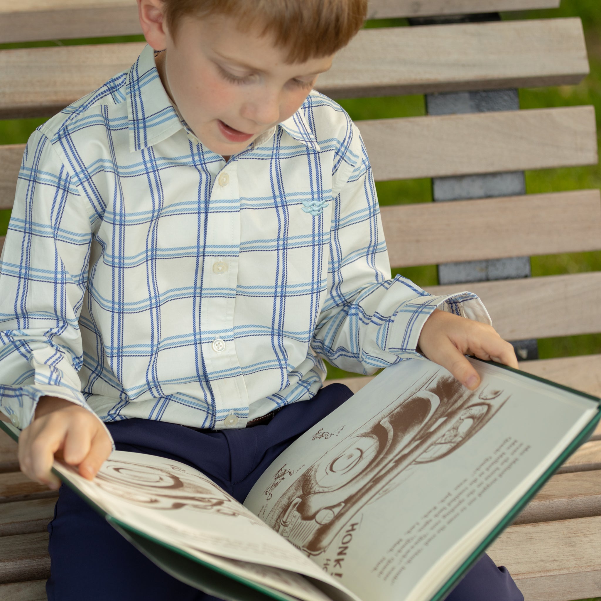 Henry Duvall Bennett Button Down in Prescott Plaid, classic boys fall dress shirt in crisp ivory and blue check, perfect for pairing with velvet trousers and coordinating sibling styles