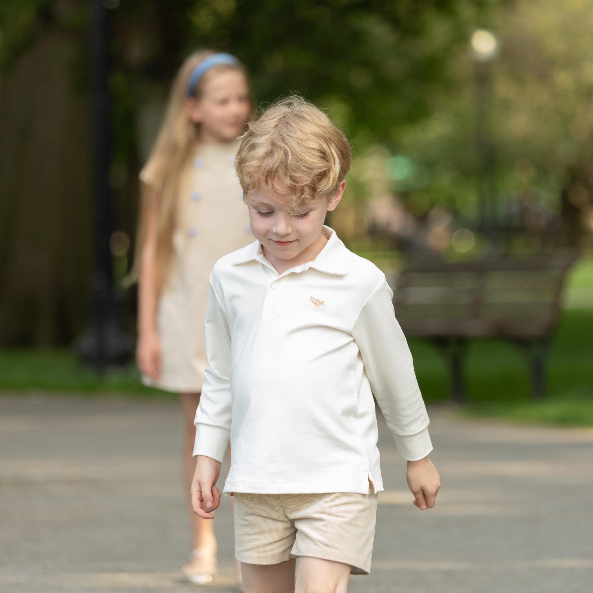 Henry Duvall Robert Shorts in King’s Way Khaki Corduroy, classic fall toddler boys dress shorts with flat front and elastic back, perfect for pairing with gingham shirts and sibling sets