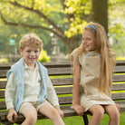 Henry Duvall Robert Shorts in King’s Way Khaki Corduroy, classic fall toddler boys dress shorts with flat front and elastic back, perfect for pairing with gingham shirts and sibling sets