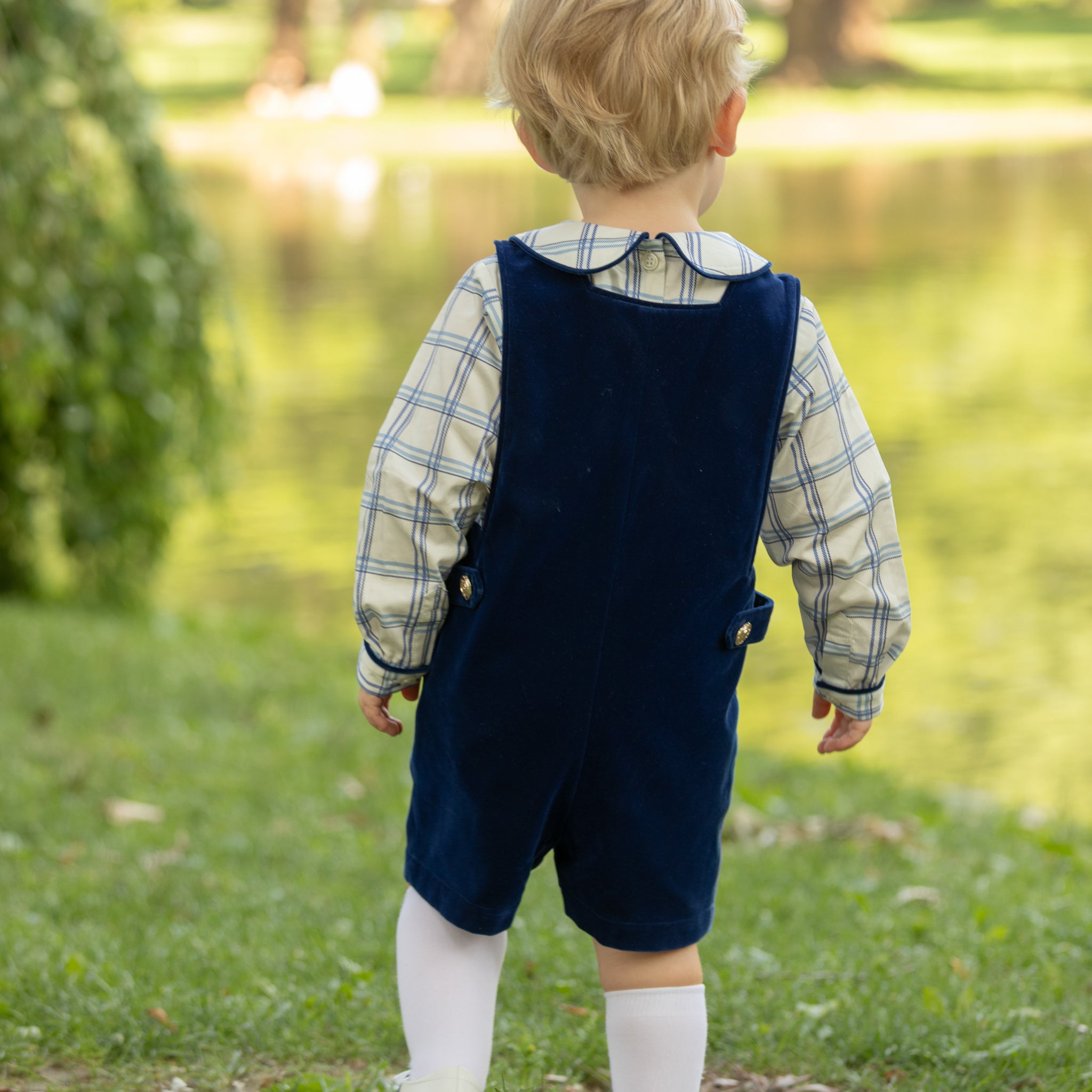 Henry Duvall Long Sleeve Henry Peter Pan Shirt in Prescott Plaid, classic boys fall shirt with Peter Pan collar and button-back, perfect for layering and coordinating sibling outfits